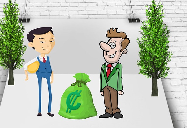 dvě kreslené postavy mužů stojící vedle pytle peněz